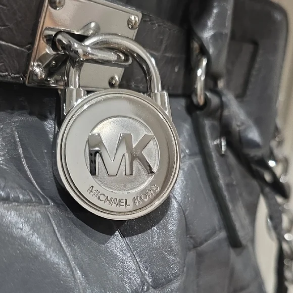 Michael Kors Dillon  Gray Crocodile-Embossed Large Shoulder Bag Satchel - Picture 5 of 14